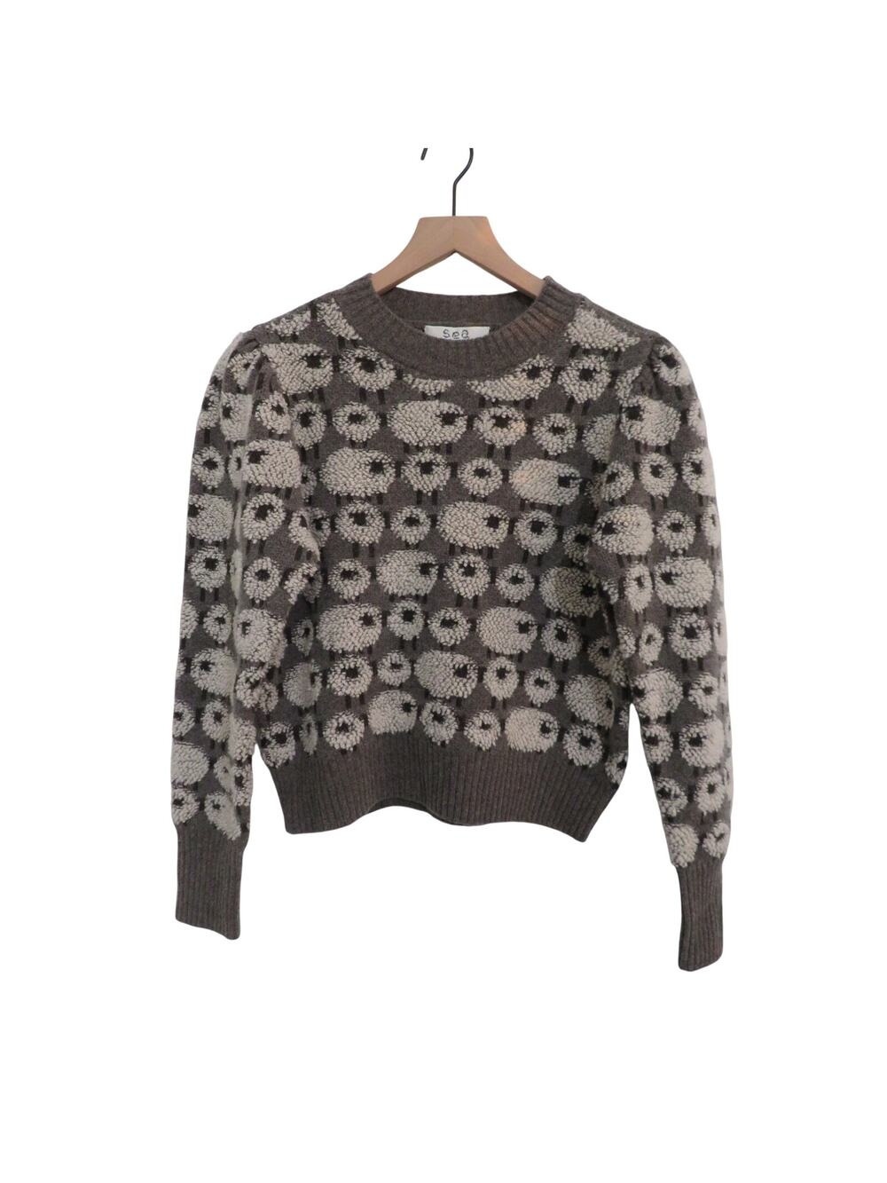 Sea New York Women XS Jacquard Sheep Sweater Extrafine Merino Wool Cozy Novelty